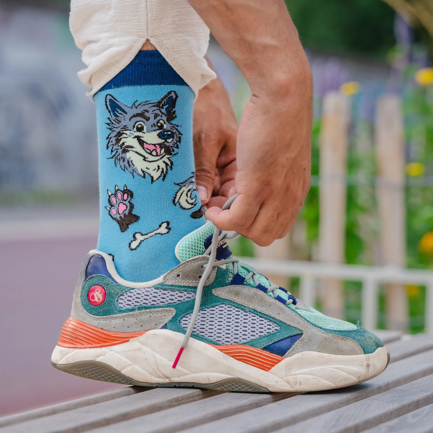 Close-up of blue socks with a cartoon wolf, paw print, and bones, worn with colorful sneakers while tying shoelaces on a bench.