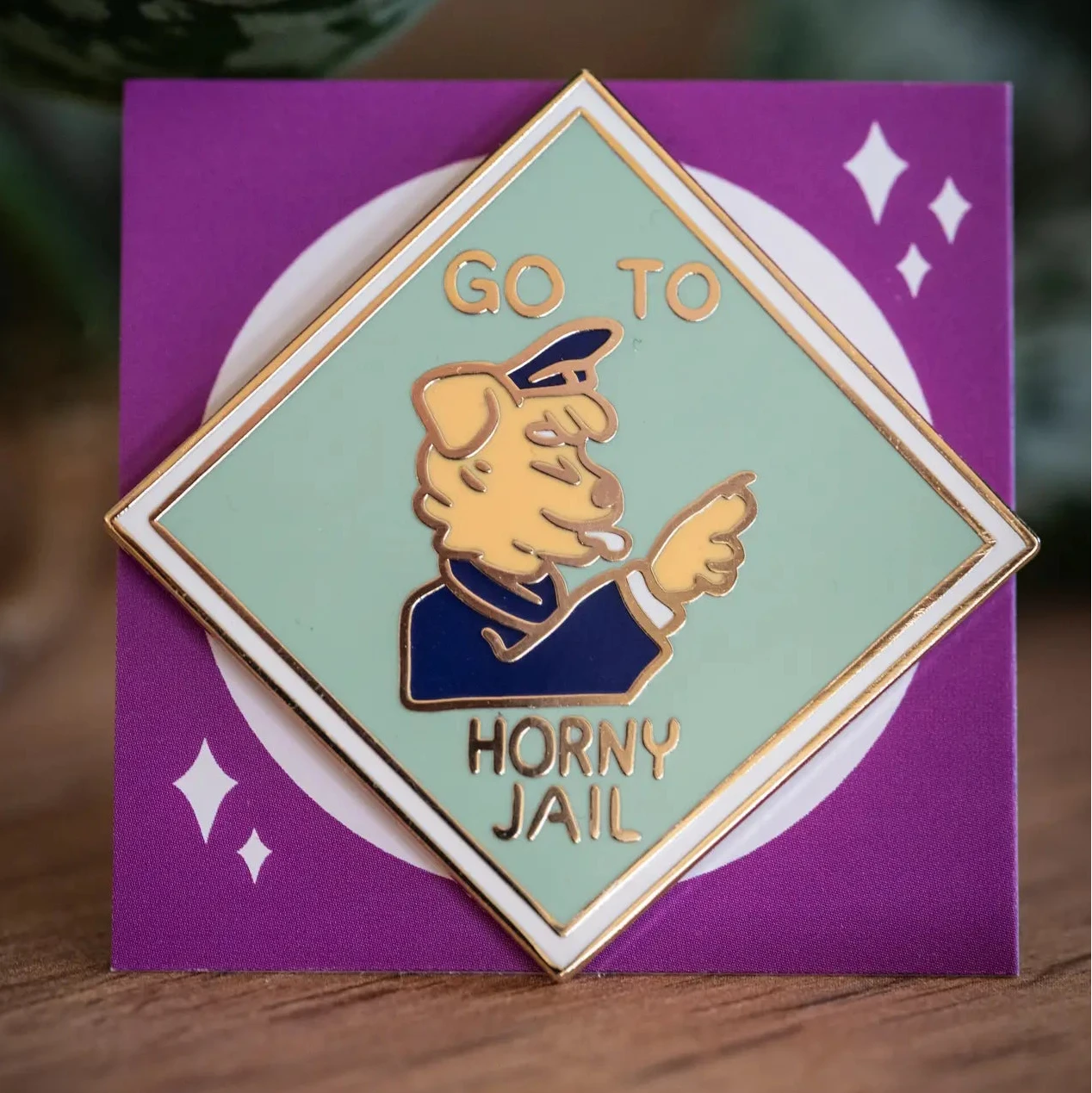 PlayGay Go To Horny Jail Enamel Pin – Monopoly-style dog character pointing on mint green diamond-shaped enamel pin