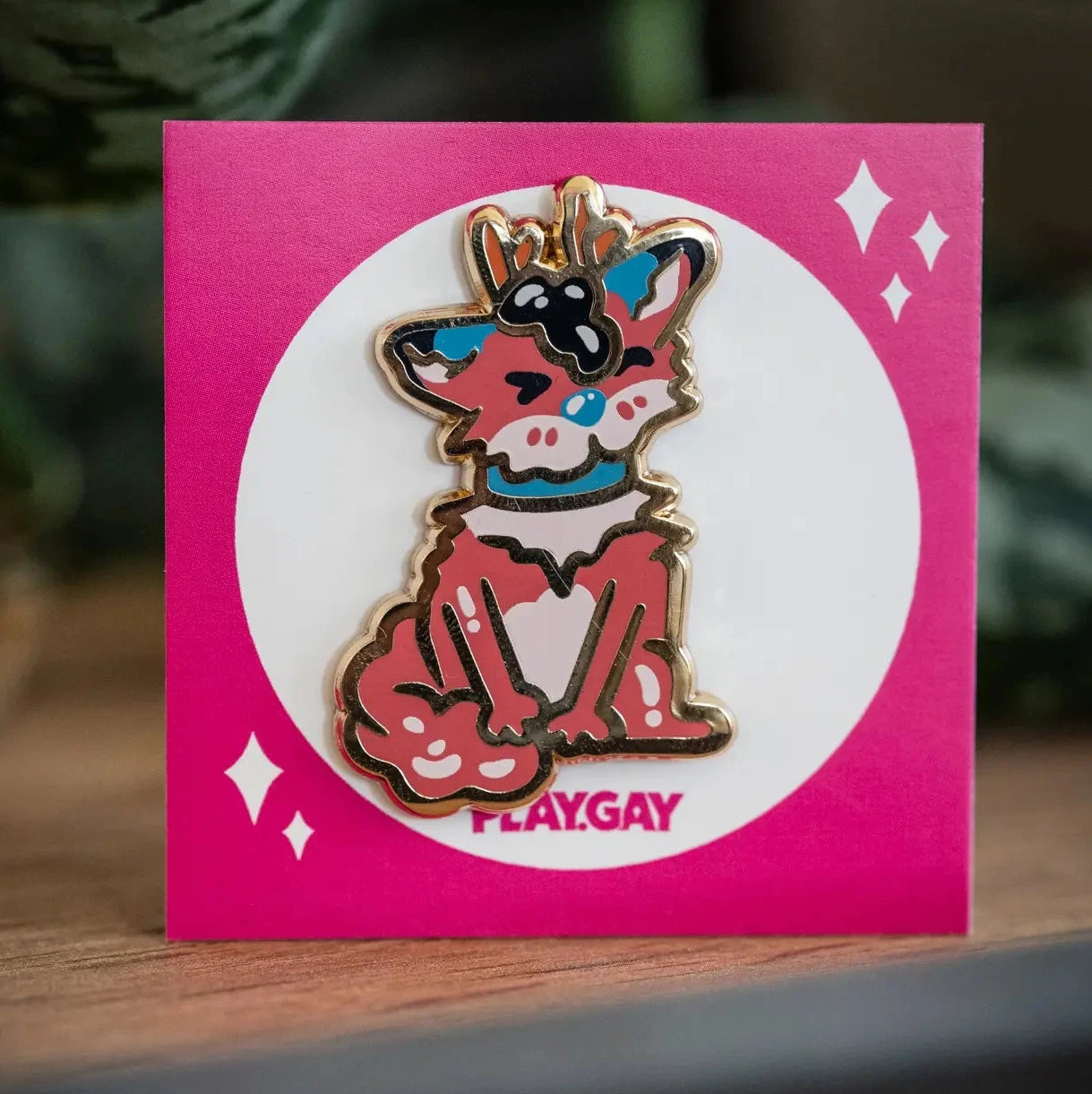 PlayGay x hiccadafox Fox Deer (Sitting) Enamel Pin - full body sitting fox deer character enamel pin on pink backing card