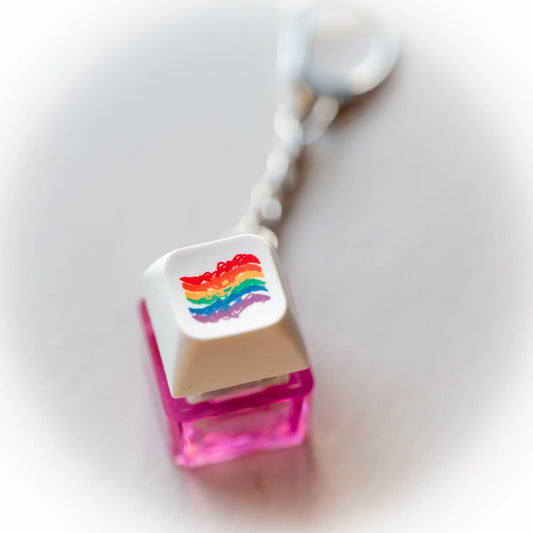 White Rainbow Flag Clicky Keychain - pressable rainbow keyboard-key fidget toy by PlayGay