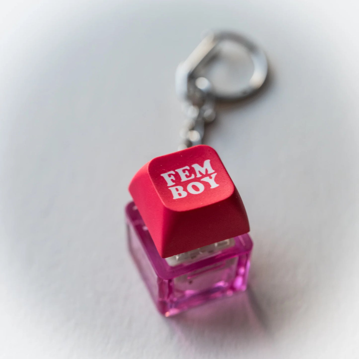 Femboy Clicky Keychain - pressable pink keyboard-key fidget toy by PlayGay