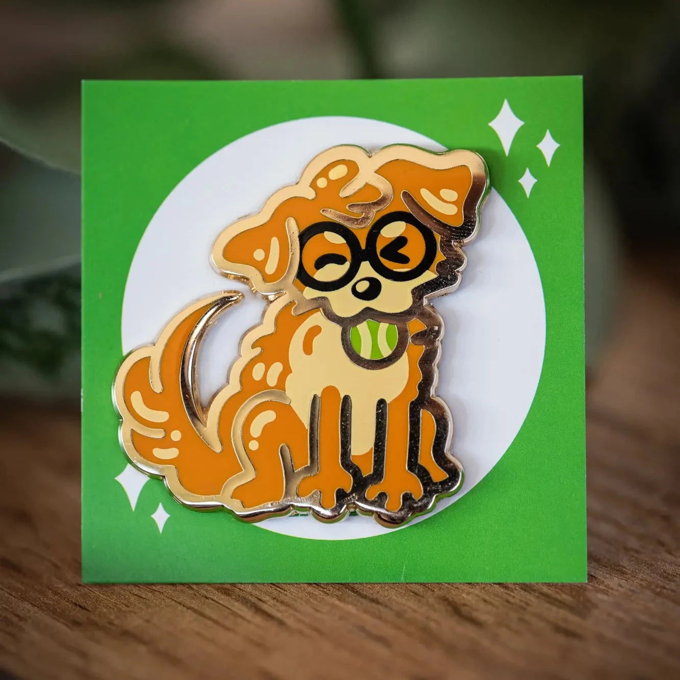 PlayGay x MaxFluffy Fluffy Dog (Playing) Enamel Pin – side angle of golden retriever pin with glasses and tennis ball detail