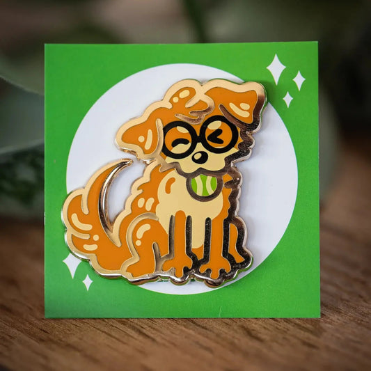 PlayGay x MaxFluffy Fluffy Dog (Playing) Enamel Pin – side angle of golden retriever pin with glasses and tennis ball detail