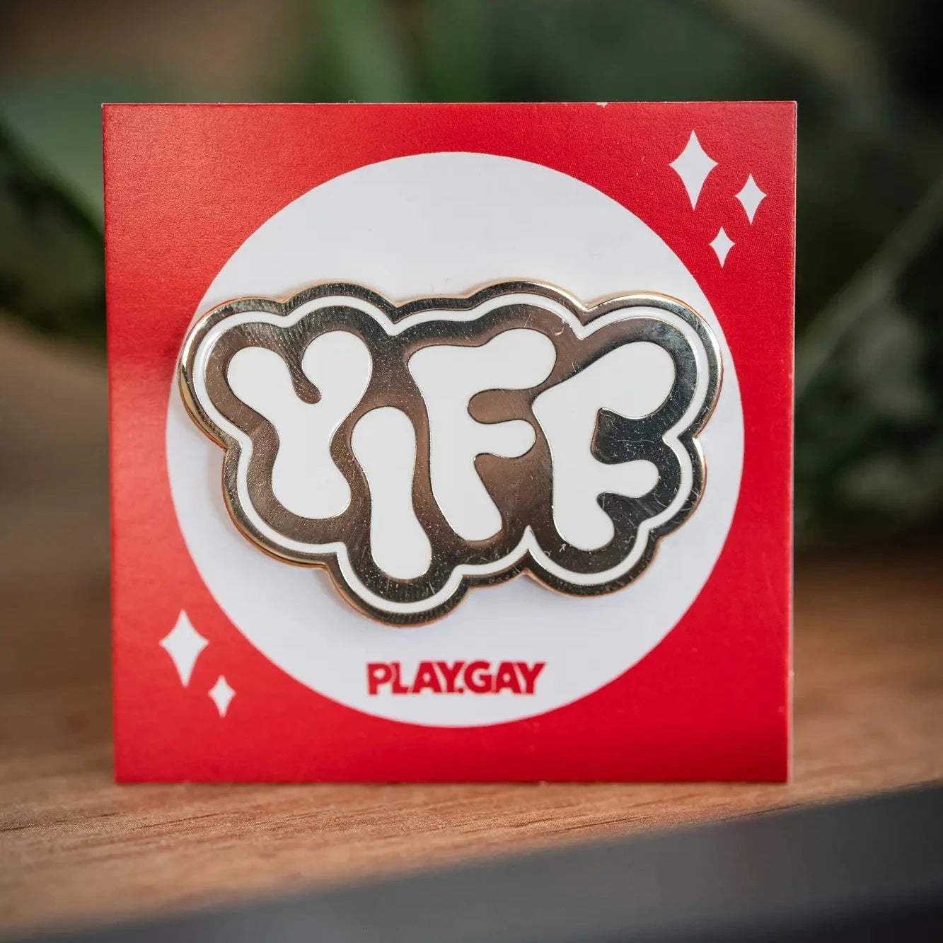 layGay Yiff Enamel Pin - bold golden YIFF lettering in chrome hard enamel on red backing card